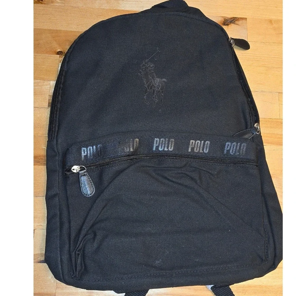 Ralph Lauren Fragrances Black Canvas Backpack Big Pony Polo Logo Bag Mens Womens